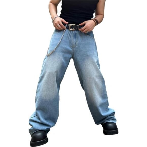 NEW Men's Baggy Hip Hop Jeans Wide Leg Skater Denim Pants Casual Loose Fit Long